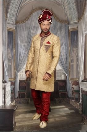 Beige Jackard Ethnic Wear Designer Ready-Made Sherwani SHR00092