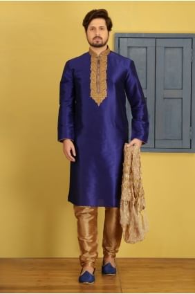 Indian Ethnic Blue Dupion Art Silk Ethnic Wear Kurta Readymade Kurta Payjama KUR0229