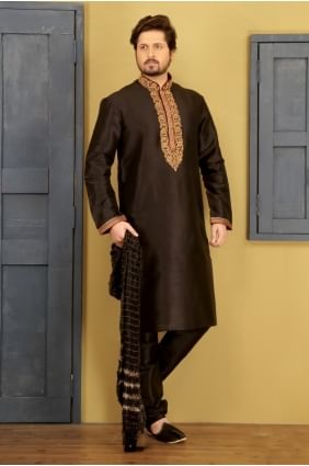 Contemporary Black Dupion Art Silk Ethnic Wear Kurta Readymade Kurta Payjama KUR0288