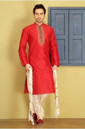 Splendid Red Dupion Art Silk Ethnic Wear Kurta Readymade Kurta Payjama KUR0289