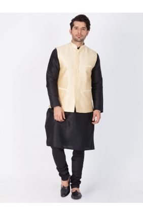 New Black Cotton Silk Ethnic Wear Kurta Readymade Kurta Payjama With Jacket KUR0335