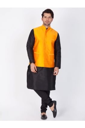 Traditional Black Cotton Silk Ethnic Wear Kurta Readymade Kurta Payjama With Jacket kur0340