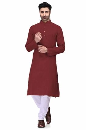 Men Kurta in Maroon Cotton with Plain KURR99