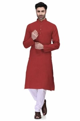 Cotton Men Kurta in Dark red  with Plain KURR108