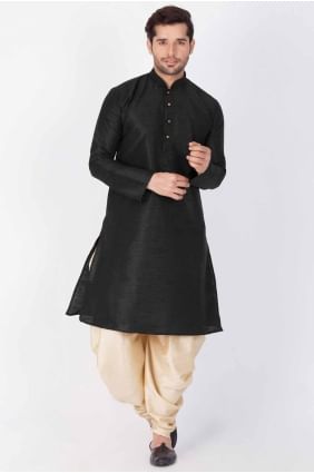 Dupion silk Men Kurta in Black with Plain KURR123