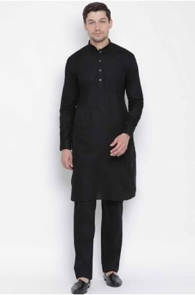 Plain Dupion silk Men Kurta in Black KURR143