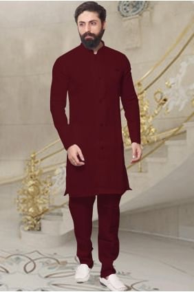 Plain Dupion silk Men Kurta in Maroon with Dupatta KURR152