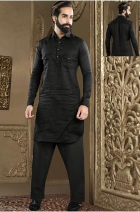 Dupion silk Plain Black Men Kurta KURR156