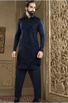 Plain Men Kurta in Navy blue  Dupion silk KURR158