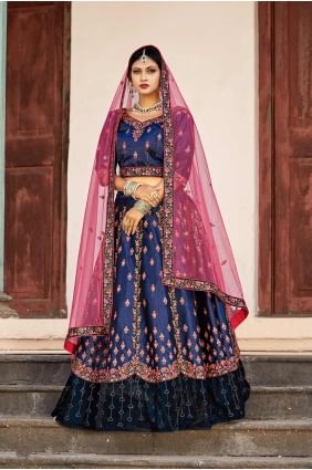 Dazzling Navy Blue Satin Lehenga Choli lc1489