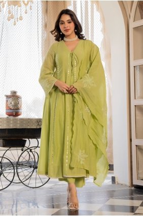 Embroidered Chanderi Anarkali Suit in Green with Dupatta AS4363