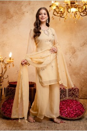Yellow Embroidered Tissue Palazzo Suit PZ4554
