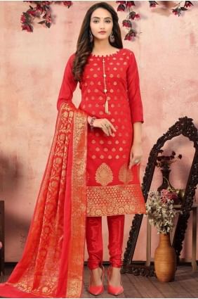 Red Churidar Suit in Banarsi Jacquard SK13549