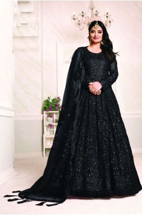 Net Eid Anarkali Suit in Black with dupatta AS2742