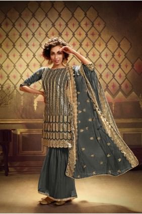 Eid Sharara Suit in Grey Soft Net with Soft Net SS0398