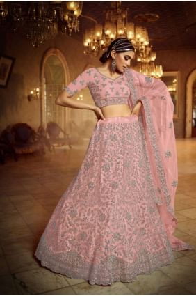 Baby Pink Embroidered Lehenga Choli in Soft Net lc3357