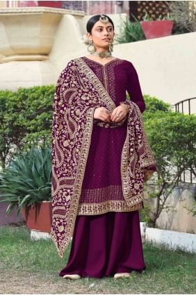 Georgette Palazzo Suit in burgundy Purple with Georgette PZ1678