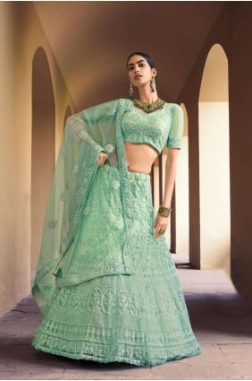 Green Embroidered Lehenga Choli in Soft Net lc3463