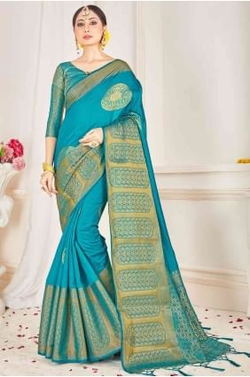 Silk Weaving Teal Blue South Indian Saree with Blouse SR17080