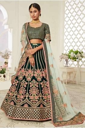Velvet Lehenga Choli in Green LC3618