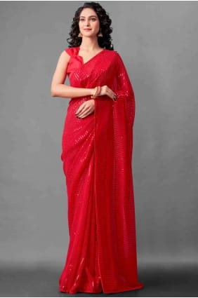 Delicate Embroidered Georgette Red Saree Blouse sr17400