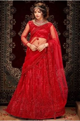 Net Wedding Lehenga Choli in Red LC3645