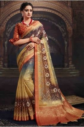 Shaded Brown Chanderi Saree with Printed SR17529