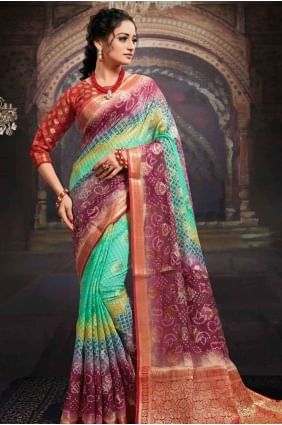 Printed Saree in Sea Green & Maroon Chanderi SR17533