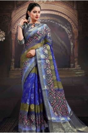Blue Printed Chanderi Saree SR17534