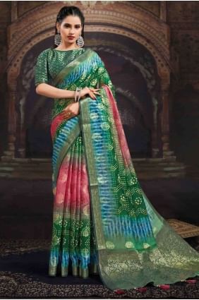 Green Printed Saree in Chanderi sr17537