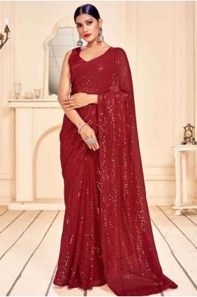 Red Faux Georgette Embroidered Saree with Blouse sr17658