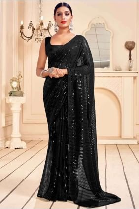 Faux Georgette Saree in Black with Embroidered SR17660