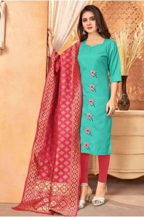 sea Green Salwar Kameez in Cotton with Dupatta SK13877