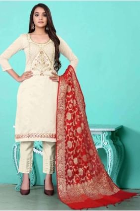 White Chanderi Straight Pant Salwar Kameez with Chanderi SK13884
