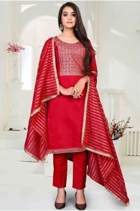 Red Chanderi Cigarette Pant Salwar Kameez with Chanderi SK13908