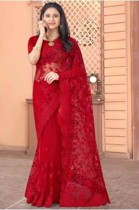 Net Stone with moti Wine red Saree with Blouse SR18032