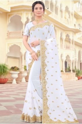Georgette Party Wear Saree in White with Embroidered SR19004