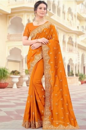 Embroidered Silk Orange Party Wear Saree with Blouse SR19006