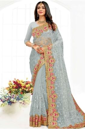 Net Grey Wedding Wear Saree in stone,embroidered SR19021