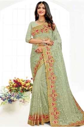 Net Party Wear Saree in Pista  with Resham,stone,embroidered SR19024