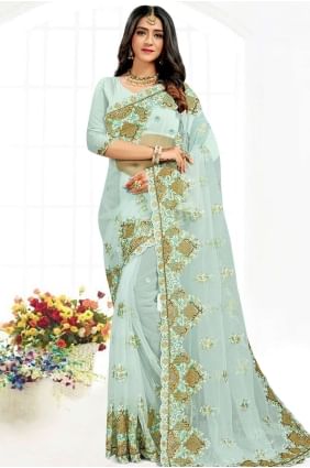 Resham,stone,embroidered Net Sky  Party Wear Saree with Blouse SR19027