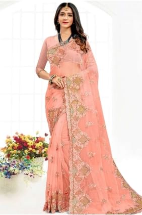 Resham,stone,embroidered Party Wear Saree in Peach Net SR19028