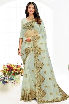 Net Pista  Party Wear Saree in Resham,stone,embroidered SR19029