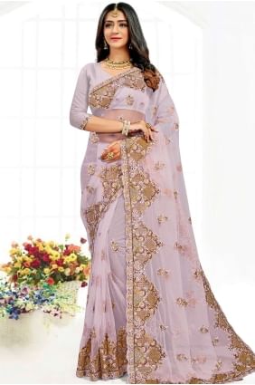 Net Resham,stone,embroidered Lavender  Party Wear Saree with Blouse SR19030