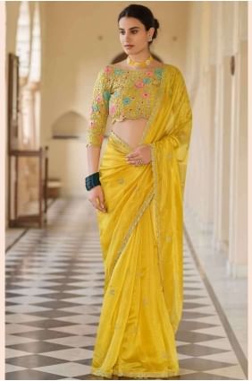 Sequins thread lace Silk Yellow Saree with Blouse SR18856