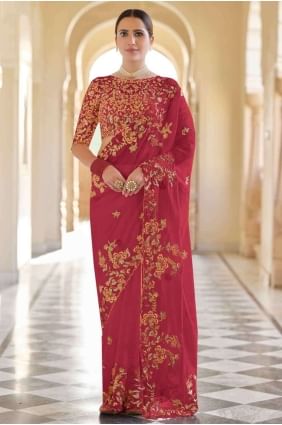 Red Saree in Silk with Sequins thread lace SR18862