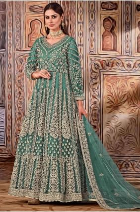 Net Anarkali Suit in Green with Embroidered AS2911