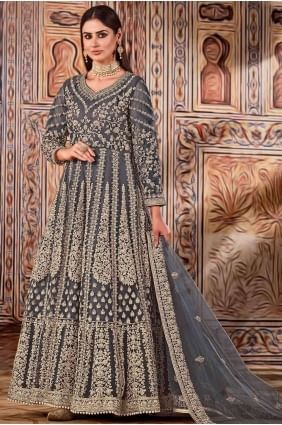 Net  heavy Embroidered Grey Anarkali Suit with Dupatta AS2912