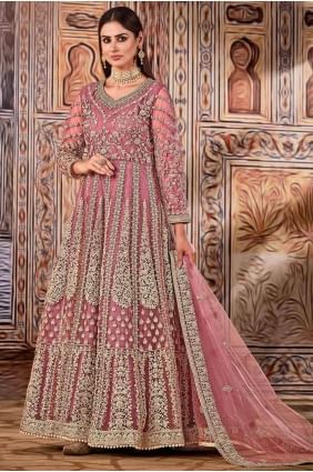 Net Anarkali Suit with Embroidered in Pink AS2914