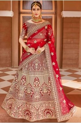 Hand Velvet Red Bridal Lehenga Choli with Dupatta LC4042